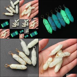 Arts And Crafts Hexagonal Cylindrical Crystal Stone Charms Glow In The Dark Luminous Wire Wrap Stones Pendant For Necklaces Sports2010 Dhqwf