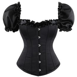 Black Satin Thicker Overbust Corset Top with Court Neck and Puff Elastic Sleeves Lolita Victorian Plastic Bones Shaper Bustiers Plus Size S-6XL