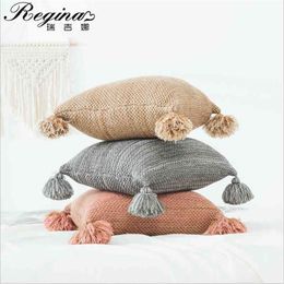 REGINA Brand Two Color Yarn Knitted Cushion Cover 4545 Autumn Decoration Warm Thick Cozy Cute Tassel Fall Pillow Case Cover For Sofa 210401
