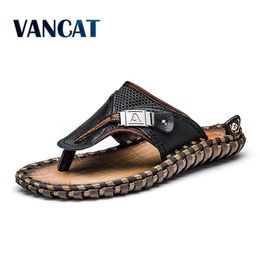 Vancat Genuine Leather Men Slippers Summer Beach Shoes Men Flip Flops Flat Heels Male Slides Luxury Men Shoes Plus Size 48 Y200107