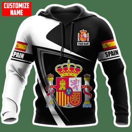 PLstar Cosmos 3DPrinted est Spain Flag Custom Name Gift Unique Hrajuku Streetwear Unisex Casual Hoodies Zip Sweatshirt Style5 220713