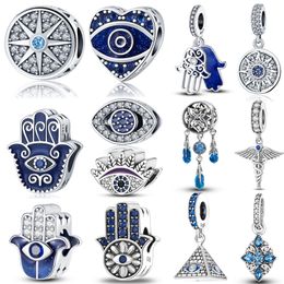 925 Sterling Silver Dangle Charm Evil Eyes Beads Silver Colour Fatima Hand Hamsa Hand Bead Fit Pandora Charms Bracelet DIY Jewellery Accessories