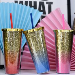 Gradient rainbow plastic tumbler 23oz Double wall Vacuum Insulated Colourful with straw water cup car coffee cup B1