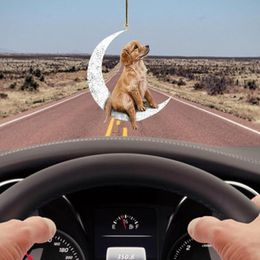 Interior Decorations Puppy Pendant Teddy Sitting On The Moon Car Rearview Mirror Christmas Decoration AccessoriesInterior