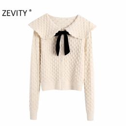 Zevity Women Fashion Turn Down Collar Geometric Pattern Knitting Sweater Female Chic Bow Tied Breasted Cardigan Tops S425 201224