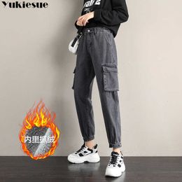 Winter Thick Fleece Warm Loose mom harem pants Jeans Women High waist casual streetwear female Grey denim Plus size XL 210608