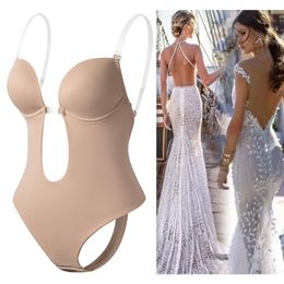 Invisible Shaper Bra Sexy Bodysuit Corset Backless Deep VNeck U Plunge Thong Waist Trainer Clear Strap Padded Push Up Shapewear 220813