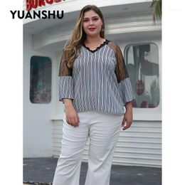 Women's Blouses & Shirts YUANSHU Fashion Striped Mesh Lace Plus Size Blouse Women V Neck Flare Sleeve Large Tops XL-4XL