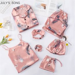 JULY'S SONG Fashion Women Pyjamas Set 7 Pieces Stripes Faux Silk Printing Sleepwear Woman Suit Spring Summer Autumn Homewear 220329