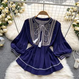Women's Blouses & Shirts Summer Embroidery Tassel Lace Up Cotton Doll Shirt Top Vintage Lady Blusas Mujer De Moda 2022Women's