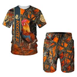 Men's Tracksuits Men's Summer T-Shirt Suit Chicken Print Short Sleeves Casual Personality Big Rooster Pattern Loose Oversized Drawstring