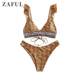 Bikini Flower Print Ruffle Lace Up High Cut Bikini Swimwear Two Piece Wire Free Sexy Bathing Suit Holiday Beach Swimwear T200508