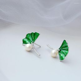 Authentic 925 Sterling Silver Fashion Green Gingko Leaf Earring Inlaid Natural Freshwater Pearl National Style Jewellery Stud Dale22