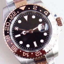 St9 Steel Mens Watches Two Tone Everose Root Beer Brown GMT Function Automatic Black Ceramic Bezel 40MM Sapphire Crystal Wristwatc231T