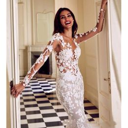 Modern New 2022 Romantic Gorgeous Long Sleeve Mermaid Wedding Dresses Beading Lace Princess Bridal Gown Custom Made Appliques See Through