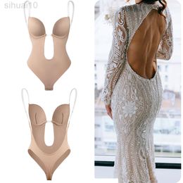 Bodysuit Shapewear V Neck Body Shaper Backless U Plunge Thong Shapers Waist Trainer Women Clear Strap Padded Push Up Corset L220802