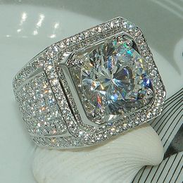 Handmade Male Hiphop ring Stunning Fashion Jewellery 925 Sterling Silver Popular Round Cut White Topaz CZ Diamond Full Gemstones Men Wedding Band Ring Gift