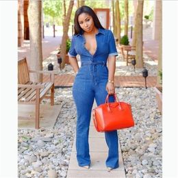 Casual Denim Romper and Jumpsuits for Women Body Mujer Jean Jumpsuits with Sashes Summer Blue Overalls Plus Size LJ789 201007