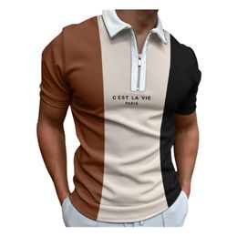Summer Stripe Splice Print Design Zip Up Golf Polos T-shirt For Men Slim Fit Zipper Lapel Polyester Cotton Polo T Shirts PLS1