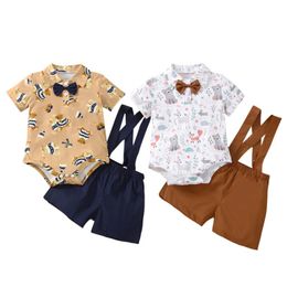Clothing Sets Baby Boys Gentleman Set Outfit Cartoon Animal Print Short Sleeve Shirt Romper And Casual Suspender Shorts SetClothing