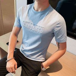 2022 British Style Men Summer High Quality Ice silk T-Shirts/Male Slim Fit Letter Short Sleeve T-shirts Leisure Tops S-4XL Y220630