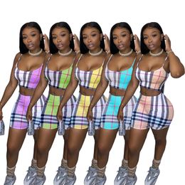 Summer Irregular Plaid Print Tracksuits For Womens Sling Sleeveless Vest Crop Tops And Slim Shorts Casual 2 Piece Sets F8292