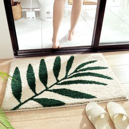 Green Leaves Flocking Bath Mat Non-slip Absorbent Microfiber Bathroom Rug Home Entrance Door Mat Furry Mat Kitchen Rug