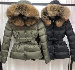 Women Big Real Fox Fur Hooded Down Coat With Belt Thick Warm Zipper Jacket Waterproof Parkas Black Color Size S-XL