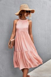 Casual Dresses Summer Dress Women 2022 Sexy Sleeveless Solid Color Patchwork Folds Halter Neck Beach Elegant Ol Femme Party Robe