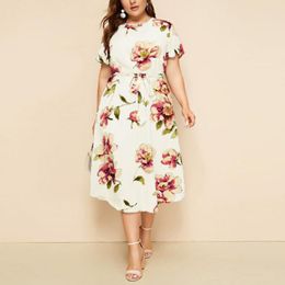 Plus Size Dresses Summer Floral Print Bohemian Dress Women Short Sleeve Midi Casual O-Neck Loose ClothingPlus