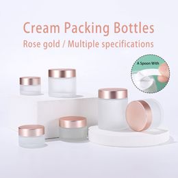 Frosted Glass Cream Jar Clear Bottle Empty Makeup Lotion Lip Cosmetics Makeup Container with Rose Gold Lid Inner Liner Refillable Pink Box