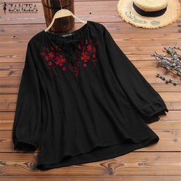 2019 Vintage Embroidery Shirt Autumn Blouse Women V Neck Long Sleeve Cotton Linen Tops Plus Size Robe Femme Party Blusas T200321