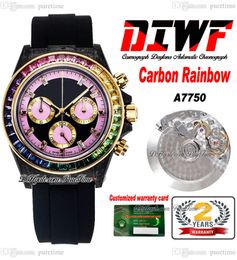 DIWF ETA A7750 Automatic Chronograph Unisex Mens Womens Watch Carbon Fibre Case Rainbow Diamond Bezel Pink Black Dial Oysterflex Rubber Super Edition Puretime C3