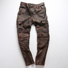Men's Pants 2022 Factory Men Vintage Gray Tooling Multi-pocket Cow Leather Motorcycle Fashion Pleated Rider Biker
