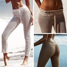 Ins Explosion Beach Handmade Crochet Hollow Out Bandage Elastic Waist Shell Pants Sunscreen Fishing Net Trouser T200324