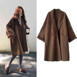 Women's Autumn Winter Long Faux Wool Coat Outerwear 2021 Ladies Korean Cashmere Female Loose Overcoat Clothes Windbreaker Jacket T220714