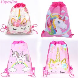 10pcs/lot Girls Favours Lovely Unicorn Mochila Non-woven Fabrics Birthday Party Baby Shower Decorate Flower Drawstring Gifts Bags 220427