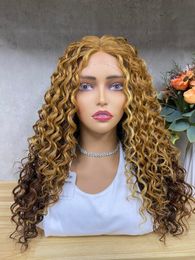 MIX #27/33 color Deep Curly Side T Part Lace Front Wig 150% Density Vrigin Brazilian Human Hair Highlight Transparent Brown Blonde Piano Color Closure Wigs