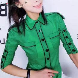 New Spring Women Blouse Thin Shirt Bordered Buttons Decoration Turn-down Collar Dual Pockets Half Sleeve Slim Tops T02718B 201202