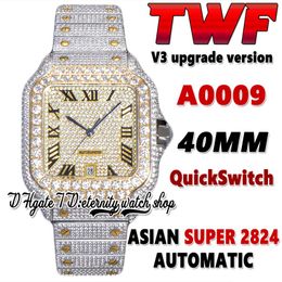 2022 TWF V3 SA0009 Paved Diamonds ETA A2824 Automatic Mens Watch Fully Iced Out Diamond Roman Gold Dial Quick Switch Steel Bracelet Super Edition eternity Watches