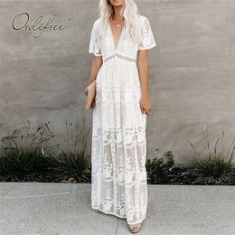 Ordifree Summer Boho Women Maxi Dress Loose Embroidery White Lace Long Tunic Beach Dress Vacation Holiday Clothes 210303