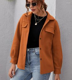 Women's Wool & Blends Women Button Shirt Jacket Fashion Solid Turn-down Collar Coat Elegant Long Sleeve Pocket Outwear Casual Loose Streetwe