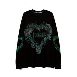 HOUZHOU Gothic Punk Green Print Long Sleeve T shirts Women Grunge Oversize Harajuku Streetwear Print O neck Black Top Pullover 220407