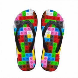 Customised Women Flats House Slippers Slipper 3D Tetris Print Summer Fashion Beach Sandals For Woman Ladies Flip Flops Rubber Flipflops M0G4#