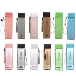 Transparent Square Plastic Matte Water Bottles Outdoor Cold Juice Waters Sports Cup Milk Cups with Portable Rope GCA13199