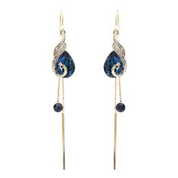 Elegant Luxury Exaggerated Blue Peacock Crystal Long Tassel Earrings For Woman Fashion Advanced Sense Jewellery