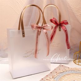 PVC Gift Bag Clear Gift Wrap With Handles Ribbon Reusable White Frosted Plastic Bags for Boutiques Birthday Party Supplies MJ0480