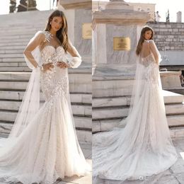 Sequins Mermaid Wedding Dresses with Cape Sweetheart Neck Lace Appliques Sweep Train Bridal Gown Beach robe de marie BC2073