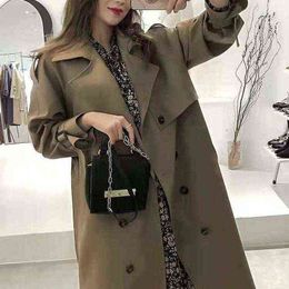 Women's Trench Coats Vintage Loose Double Breasted Belted Army Green Coat 2021 Women Winter Autumn Long T220815