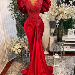 2022 Plus Size Arabic Aso Ebi Red Mermaid Lace Prom Dresses Beaded Sheer Neck Velvet Evening Formal Party Second Reception Gowns Dress BC11945 C0407